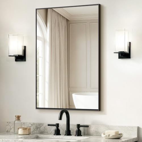 Delma Bathroom Vanity Mirror, 30x20 Black Metal Framed Mirror by Delma