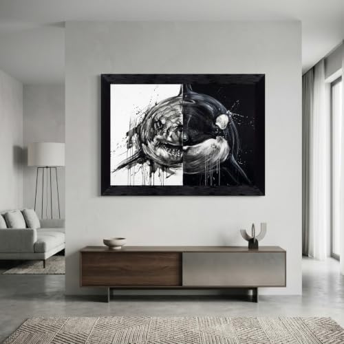 Framed Canvas Wall Art Monochrome Abstract Shark Orca Split Black White Ink - Image 7