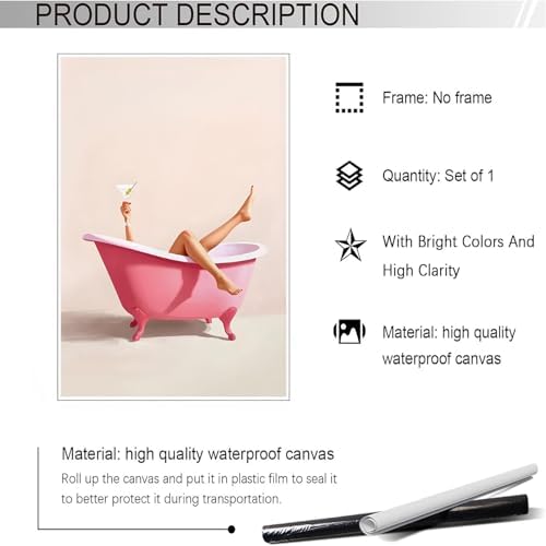 Woman With Cocktail In Bathtub Poster Cute Pink Bathroom Martini Canvas Wall - Image 2