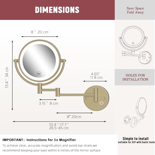 8" Rechargeable Brass Wall Mounted Magnifying Mirror - Image 6