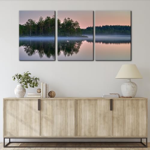 Pacimo 3 Pieces Canvas Wall Art Print Misty Lake Sunrise Wall Decor - Image 4