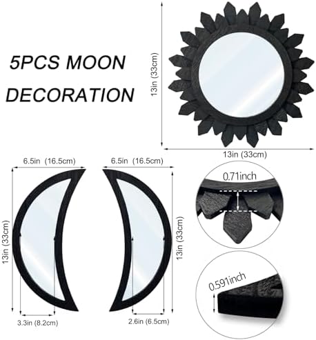 5 Pieces Moon Phase Mirror Wall-Mounted Wall Decor Mirrors Natural Wooden - Image 3