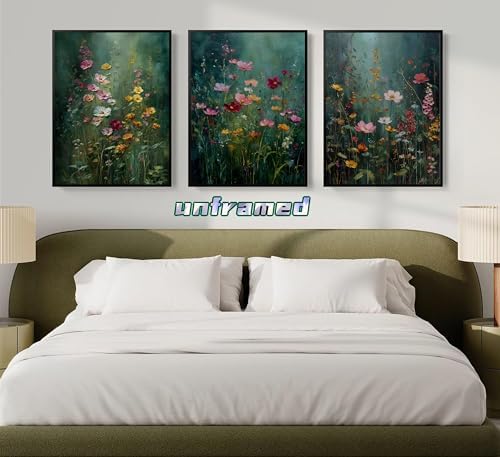 3Pcs Dark Green Floral Canvas Wall Art Moody Wildflowers Poster Prints Vintage - Image 6