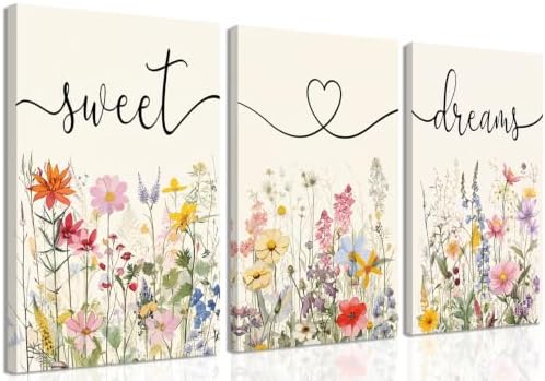 Framed Sweet Dreams Wall Art Set of 3, Colorful Wildflower Prints by Unknown