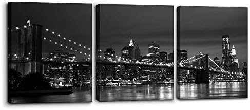 Pacimo New York Brooklyn Bridge Canvas Wall Art 3 Panels Night View Modern by Pacimo