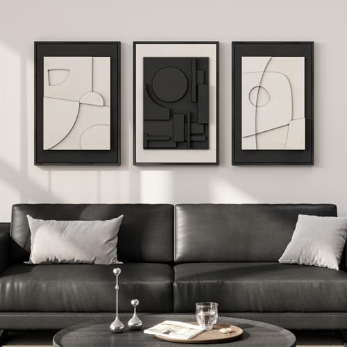 3D Textured Framed Black and White Abstract Wall Art Set of 3, 16x24 In - Image 2