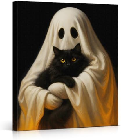 Halloween Ghost and Black Cat Canvas Wall Art, Ghost Art Print Wall Decor by Unknown