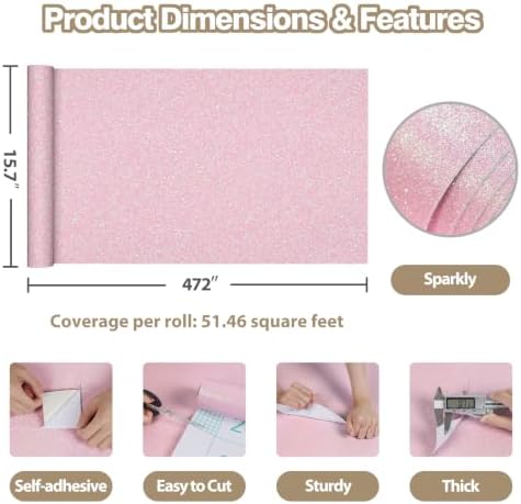 Light Pink Peel and Stick Wallpaper Iridescent Glitter Vinyl Roll - Image 3