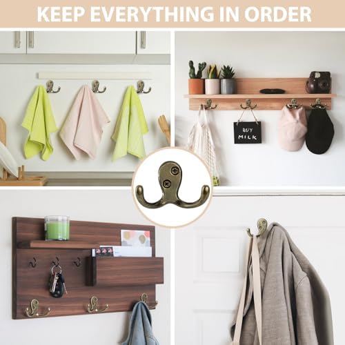 Homanu 10 Pack Antique Brass Double Prong Coat Hooks - Image 2