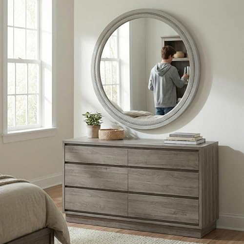 Solid Wood 30 Inch Round Beaded Vanity Wall Mirror, Weathered Gray - Image 6