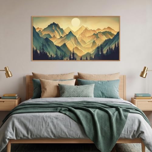 Boho Green Mountain Landscape Framed Canvas Wall Art Set, Abstract Sun Forest - Image 4