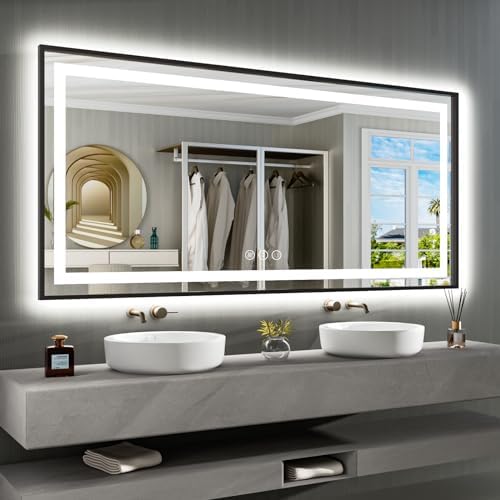 Amorho LED Bathroom Mirror Black Framed 72"X36", Front Light and Backlit by Amorho