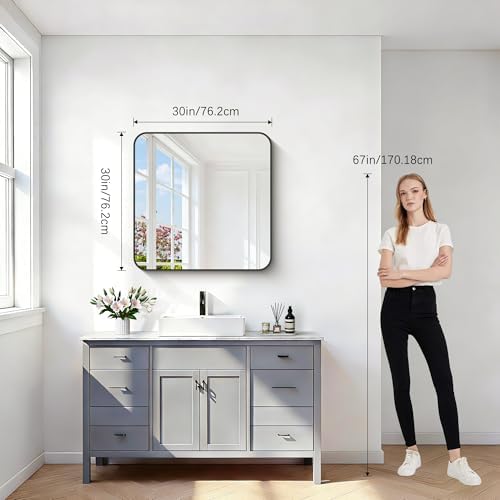 Black Bathroom Mirrors for Wall, Rounded Corner Metal Frame Wall Mirror - Image 6