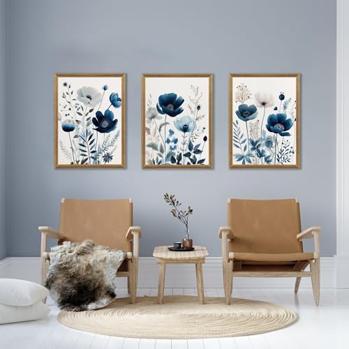 DUWQU Triptych Navy Blue Watercolor Botanical Floral Wall Art 16x24 in x3 - Image 3