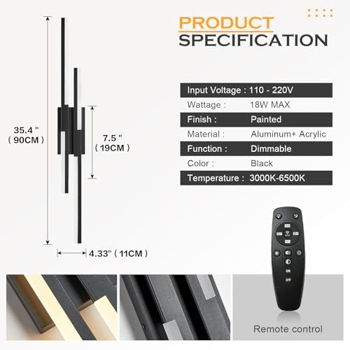 Benkut Modern LED Wall Sconce Black Remote Wall Light Fixtures - Image 4