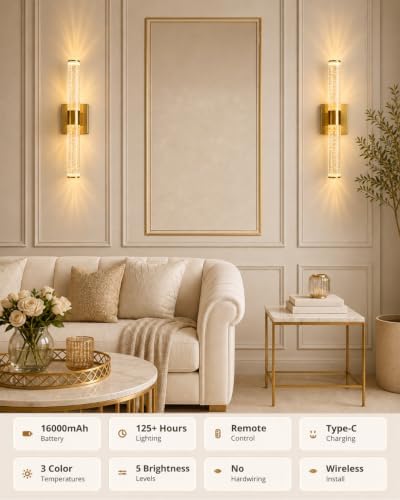 Battery Operated Wall Sconces Set of Two, Dimmable Wall Lights - Image 6