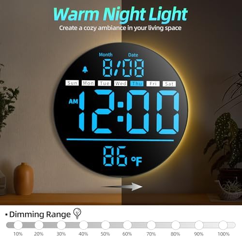 8in Round Digital Wall Clock, Large LED Display, Auto DST, Temperature - Image 4