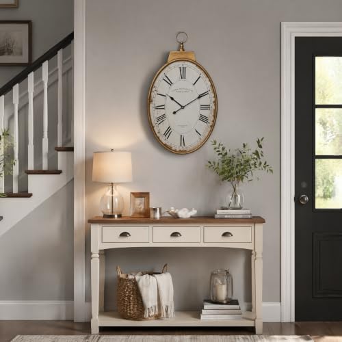 EMAX HOME Large 25-Inch Oval Wall Clock, Vintage Gold Distressed Metal Frame - Image 5