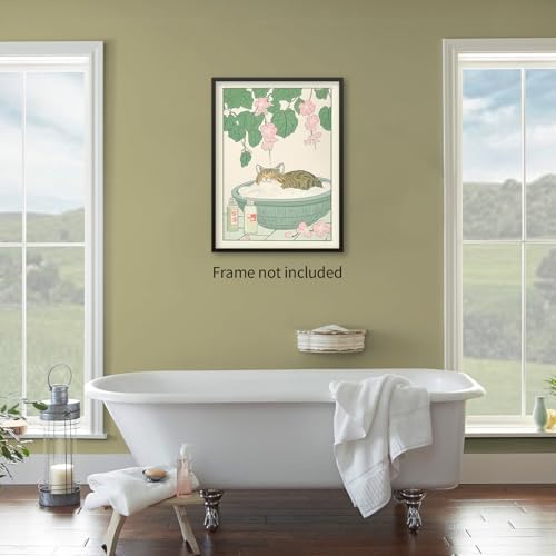 enttgo Tabby Cat In Bathtub Prints Rustic Neutral Japanese Canvas Wall Art Cute - Image 6