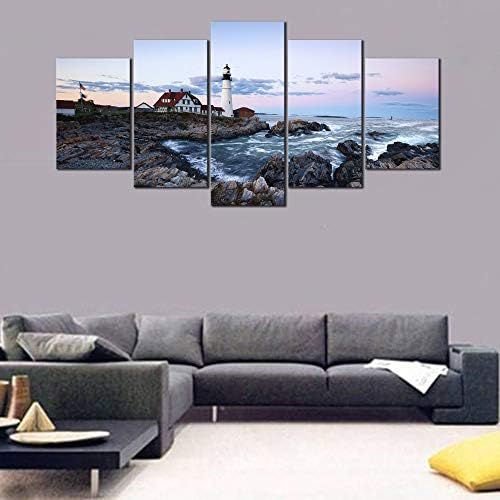Wieco Art Portland Lighthouse 5 Piece Seascape Canvas Paintings Wall Art Extra - Image 3