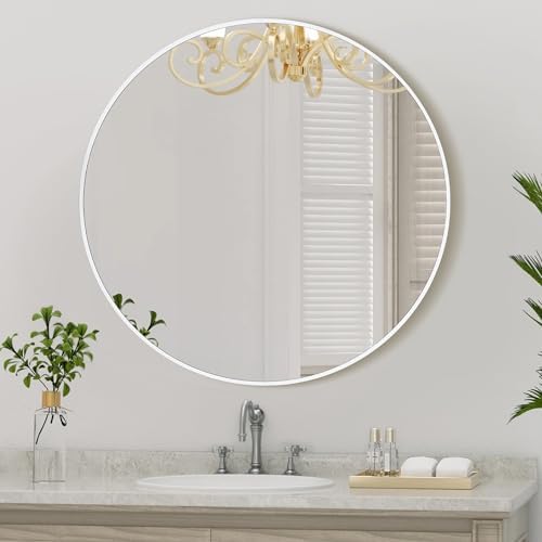 White Round Mirror 30 Inch, Circle Bathroom Vanity Mirror by WIOWUR