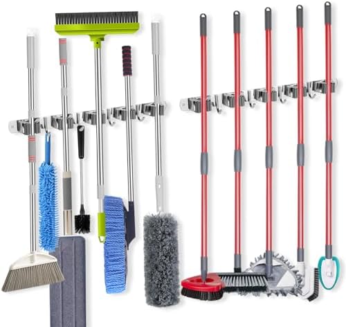 voze 5 Racks and 4 Hooks Mop and Broom Holder Wall Mount, Self Adhesive Heavy by voze