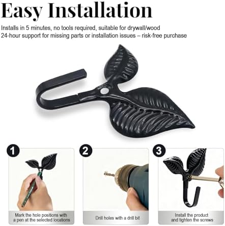 4 Pack Black Iron Leaf Wall Hooks, Bathroom Towel Hooks - Image 6