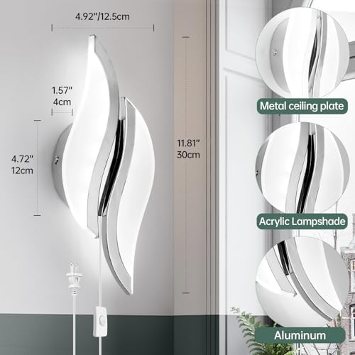 CANEOE Plug in Wall Sconces Set of Two 6000K Chrome Modern LED Wall Light - Image 6