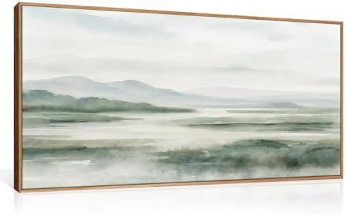 HOURIA Watercolor Misty Green Mountain Framed Canvas Wall Art Set-40"x20"x1 by HOURIA