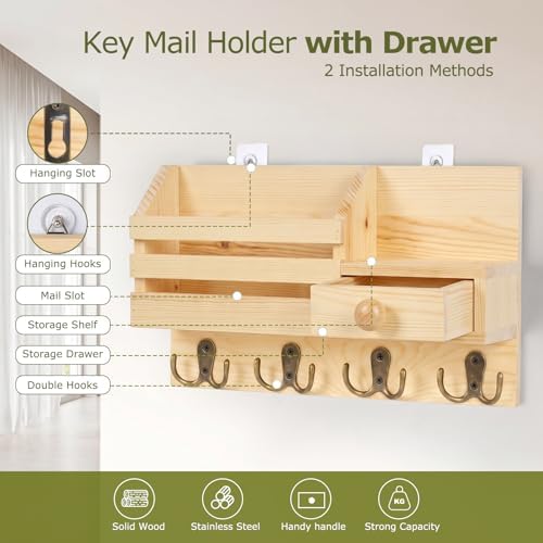 Key Holder Wall Mount, Wooden Key and Mail Organizer - Image 3