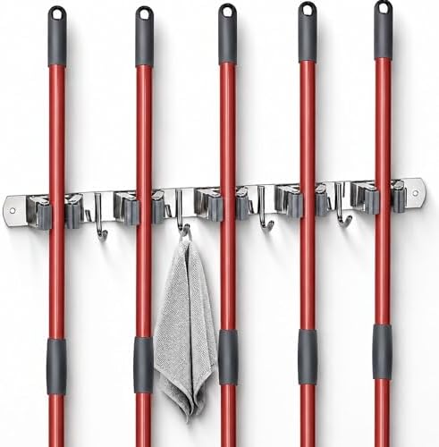 voze 5 Racks and 4 Hooks Mop and Broom Holder Wall Mount, Self Adhesive Heavy by voze