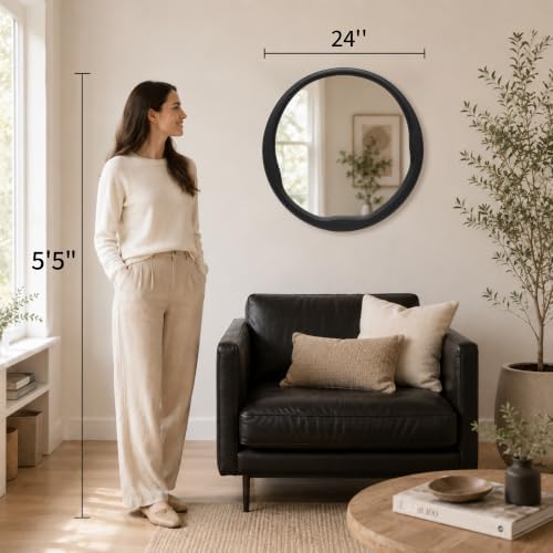 Matte Black 24 Inch Round Wood Wall Mirror, Asymmetrical Inner Edge - Image 4