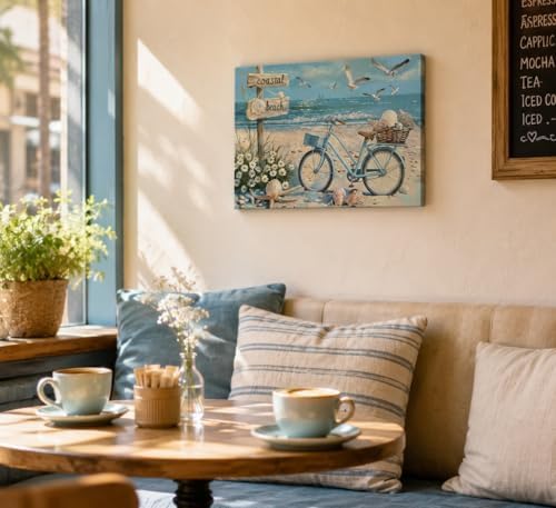 Birnsen Coastal Beach Bicycle Canvas Wall Art Seagull Seashell Daisies Picture - Image 3