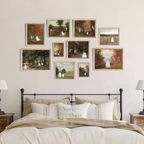 uniro Halloween Cute Ghost Vintage Wall Art, Spooky Autumn Landscape Canvas Oil - Image 6