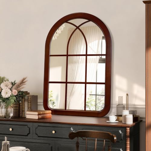 Arched Mirror 24 x 36 Inch, Window Walnut Brown Wood Bathroom Mirror - Image 2
