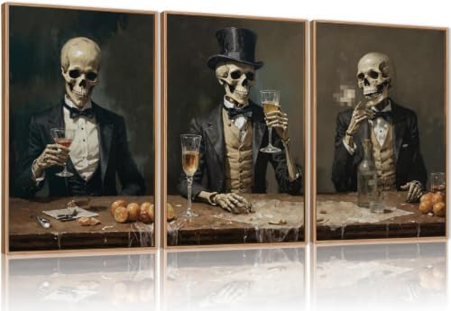 FWIEXA Halloween Skeleton Canvas Wall Art Set of 3, Gothic Skull Framed by FWIEXA