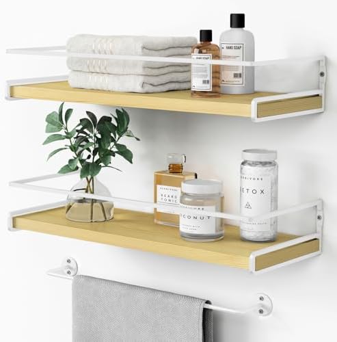 Natural Wood Floating Shelves Bathroom over Toilet Wall Mounted Set of 2 by Forbena