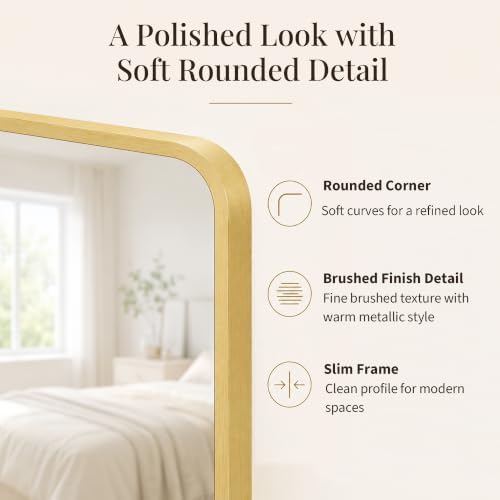 30x36 Inch Brushed Gold Rounded Rectangle Bathroom Vanity Mirror - Image 2