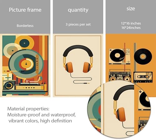 3Pcs Vintage Music Canvas Wall Art MidCentury Modern Vinyl Turntable Painting - Image 3