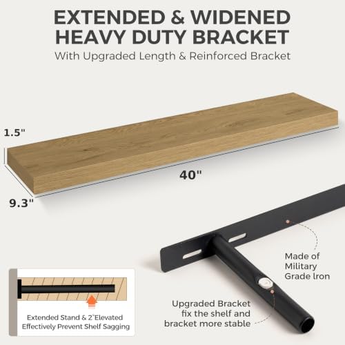 Acovy 40 Inch Floating Shelves, 3D Textured Wood Grain, Wooden Shelves - Image 3