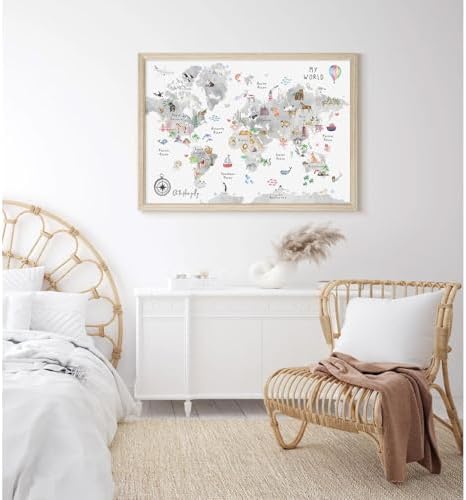 Joocrise Grey Kids World Map Wall Art Animal Map Canvas Wall Art Nursery Wall - Image 5