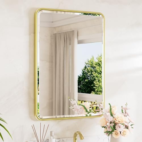 TETOTE Brushed Gold Mirror 20 x 30 Beveled Edge Tempered Glass, Rounded Corner by TETOTE
