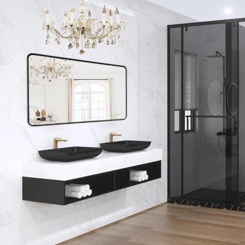 Black Bathroom Mirror 30x55in, Metal Framed Rounded Rectangle Wall by Minuover