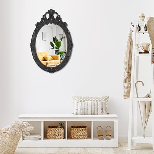 Vintage Black Hanging Mirror, Oval Carved Wood Frame Wall Mounted Mirrors - Image 7