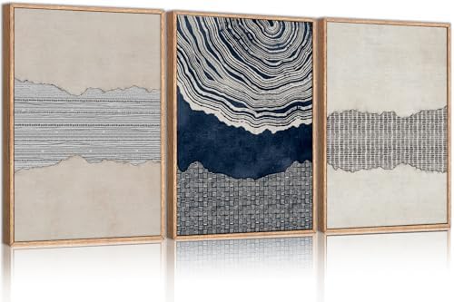 LHIUEM Large Abstract Navy Blue Beige Framed Canvas Wall Art, Modern Tree Rings by LHIUEM