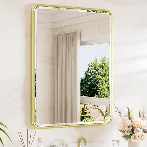 TETOTE Brushed Gold Framed Vanity Mirror 24 x 32 Beveled Edge Tempered Glass by TETOTE