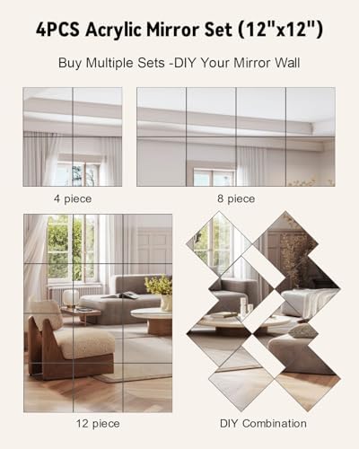 Full Length Wall Unbreakable Mirror Tiles12'' x 12'' x 4PCS - Image 2