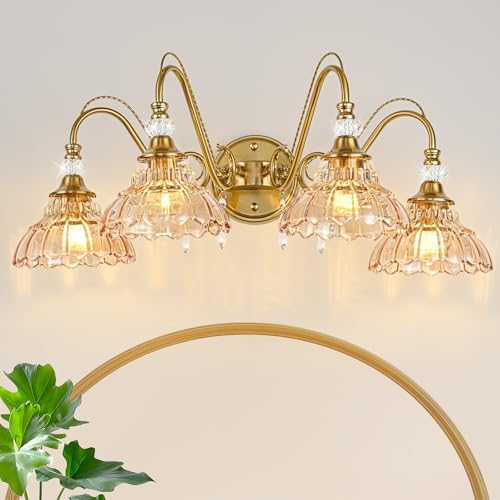 Vintage Bathroom Vanity Light, 4-Light Brushed Gold Finish Wall Sconce by Unknown