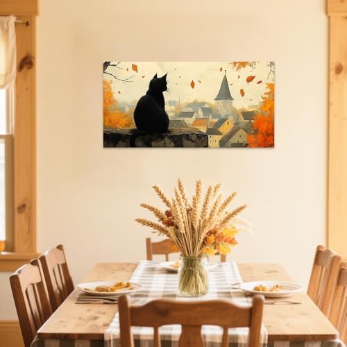 SWQYLB Autumn Pictures Wall Art Black Cat Fall Decor Halloween Animal Canvas - Image 3