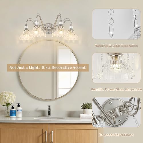 Brushed Nickel Bathroom Vanity Light, 4-Light Nickel Finish Wall Sconce - Image 4